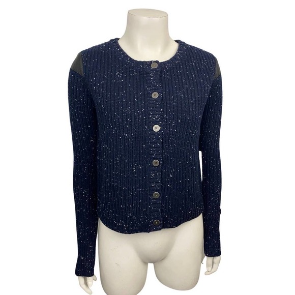 NWT Navy Blue Flecked Leather Wool Button Up Cardigan Sweater / Small * - Picture 4 of 4